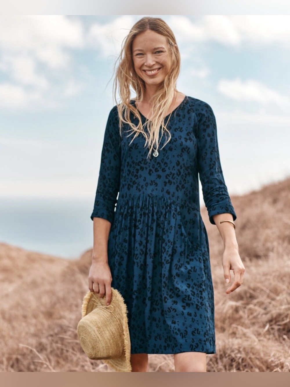 Garnet Hill Bohemian Pocket Detail Dress in Blue Leopard Print